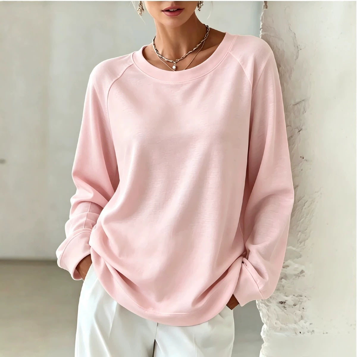 Doucement coloré Loose-fitting Col rond Casual à manches longues Hoodie féminine