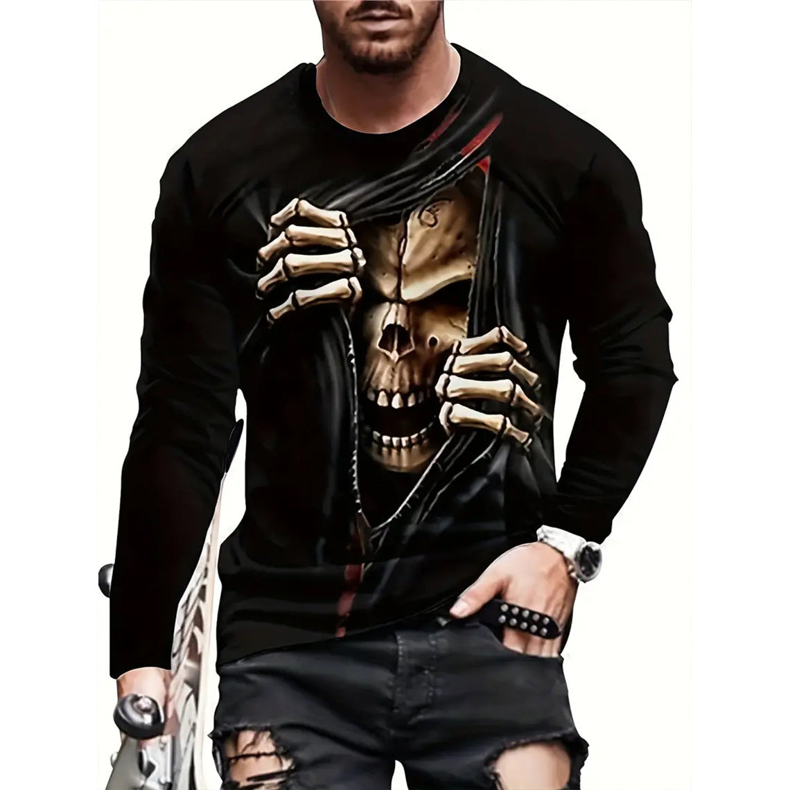 T-shirt retro homme 3D Imprimé Street Hip-hop Col rond Col rond Manches longues