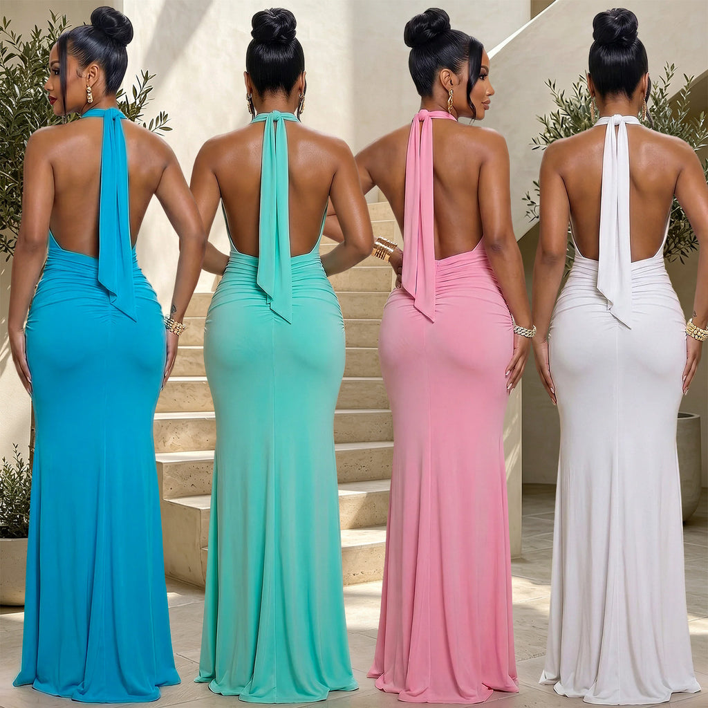 Robe de soirée pour femmes Halter Deep V Ruffled Sirène