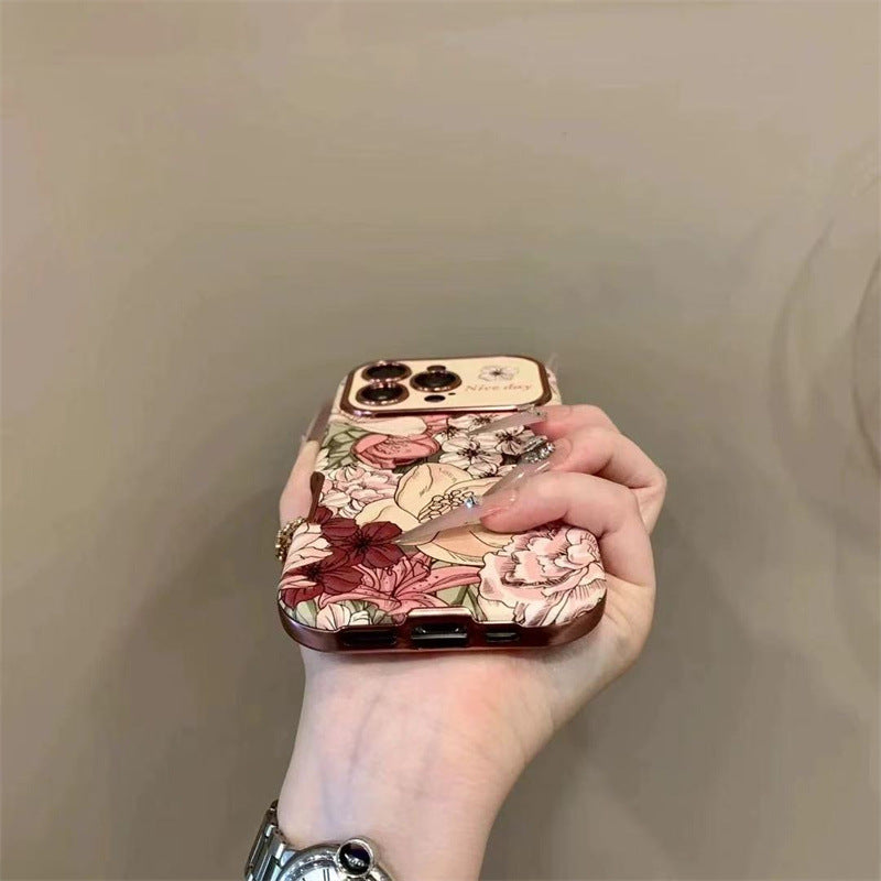 Rétro peinture à l'huile fleur conçu en cuir boîtier de téléphone
