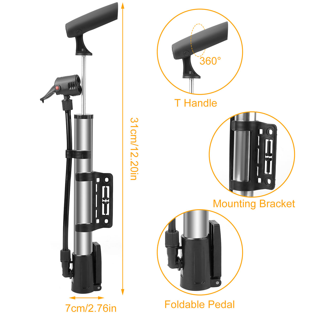 1Pc Mini Bike Portable Bicycle Tire Inflator Ball Air Inflator with Mounting Bracket