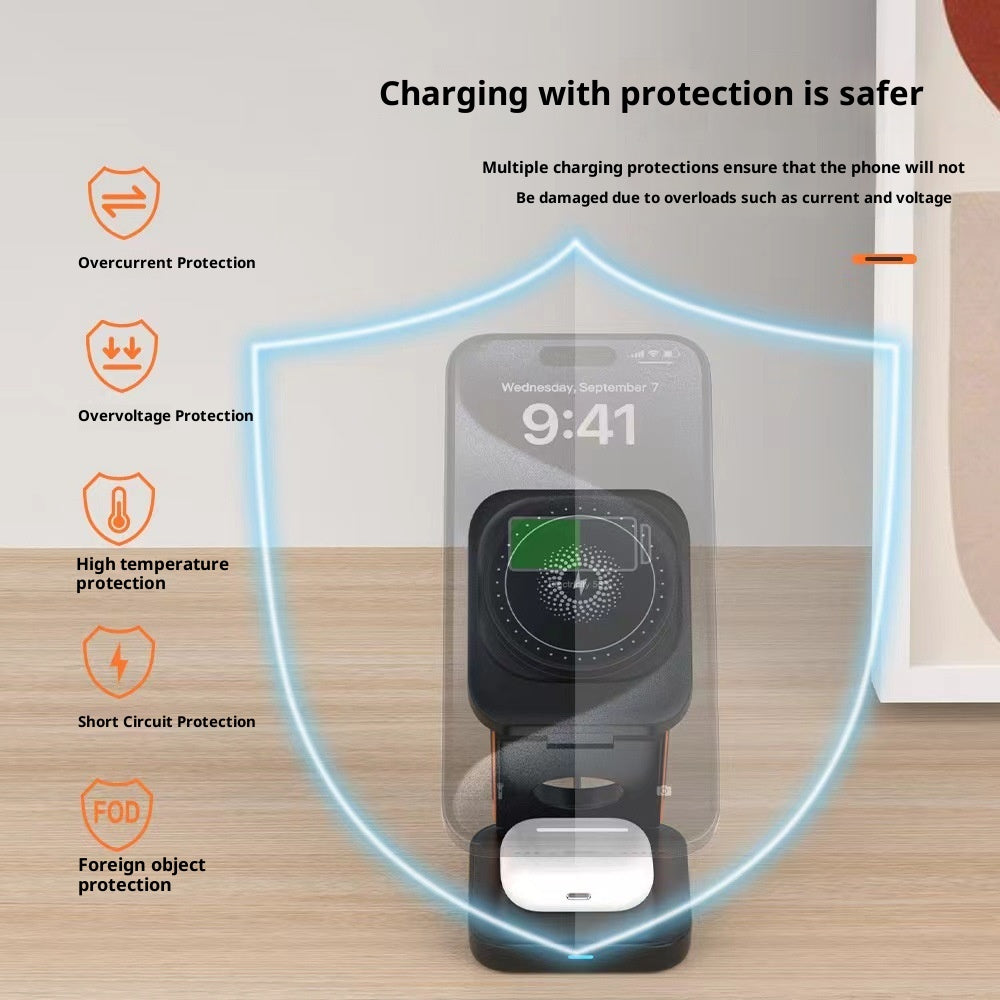 Chargeur magnétique sans fil pliant trois en un 15W multifonctionnel