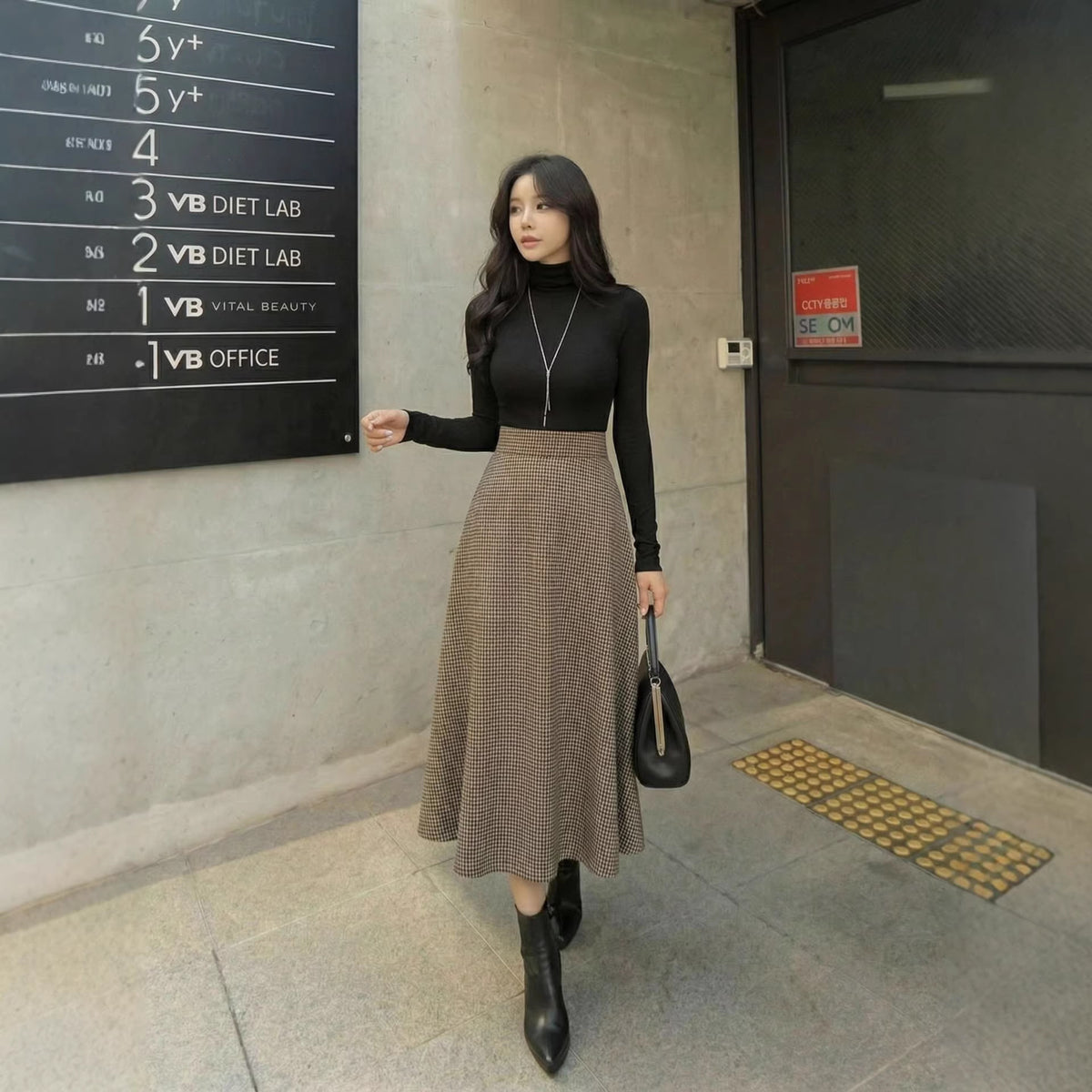 Retro Plaid Brown de style américain Jupe semi-formelle haut de gamme Midi