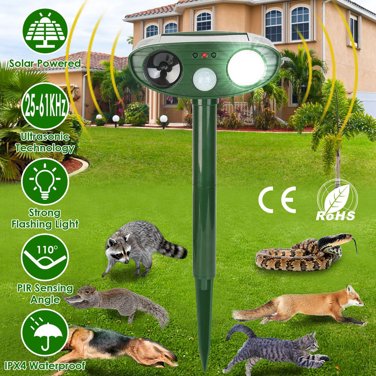 1Pc Solar Ultrasonic Animal Repeller Capteur PIR Chasseur repoussant les animaux avec un ligh clignotant