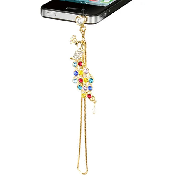 Pendentif de bouchon de poussière de paon en cristal coloré pour téléphone portable 3.5mm Jack