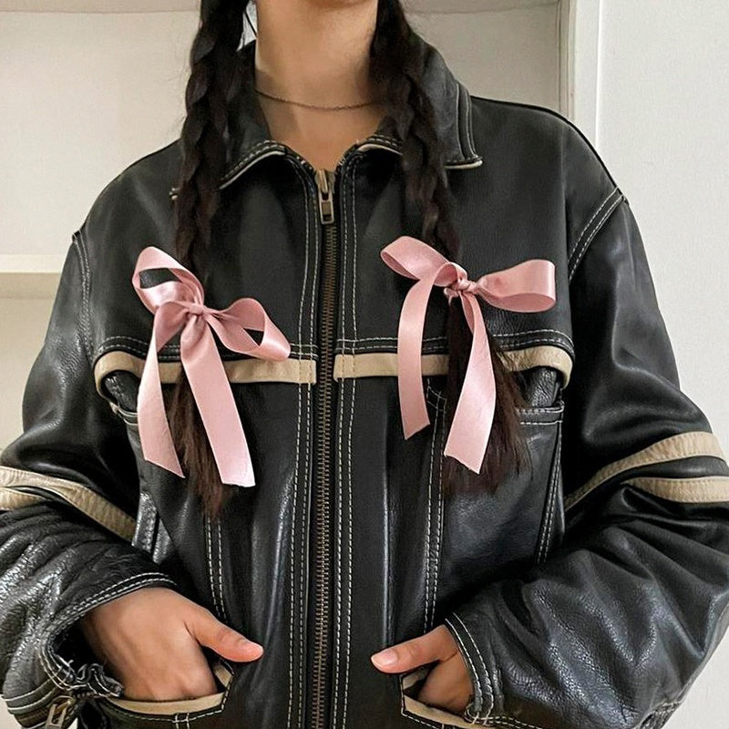 Manteau en cuir fendue rétro couleur contrastante pour femmes