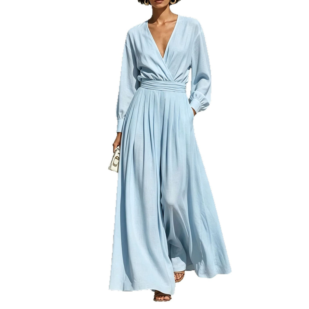 Robe de saut en V coiffée couleur solide pour femmes