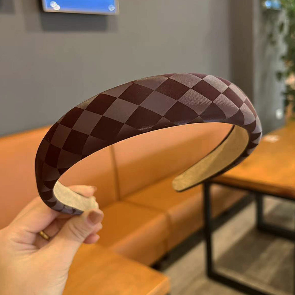 Retro Mode Cuir Haut Crâne Haut Chessboard Bandeau d'éponge Lattice