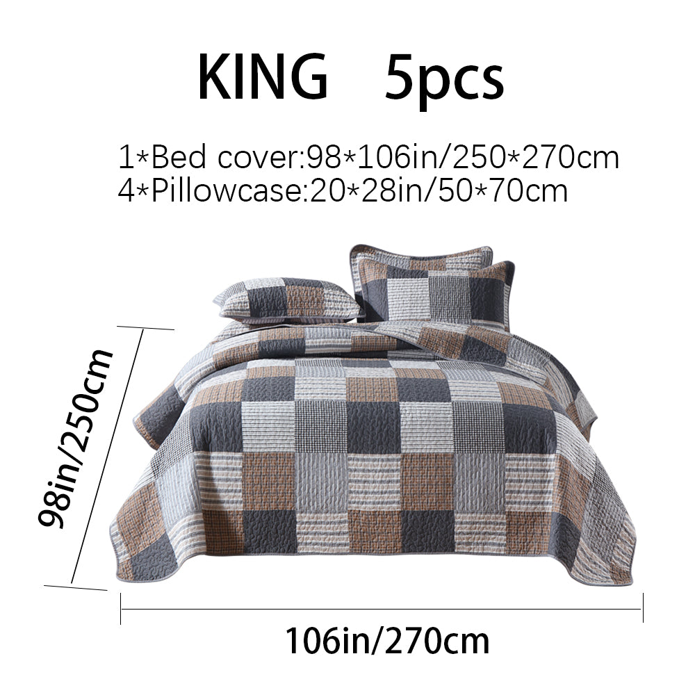 Cotton Reversible Quilt Bedspread Set French Country Checkered Print with Textured Stripe