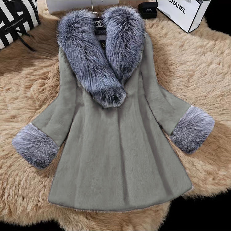 Femmes Faux Argent Collier de fourrure de renard Faux Mink Fur Coat