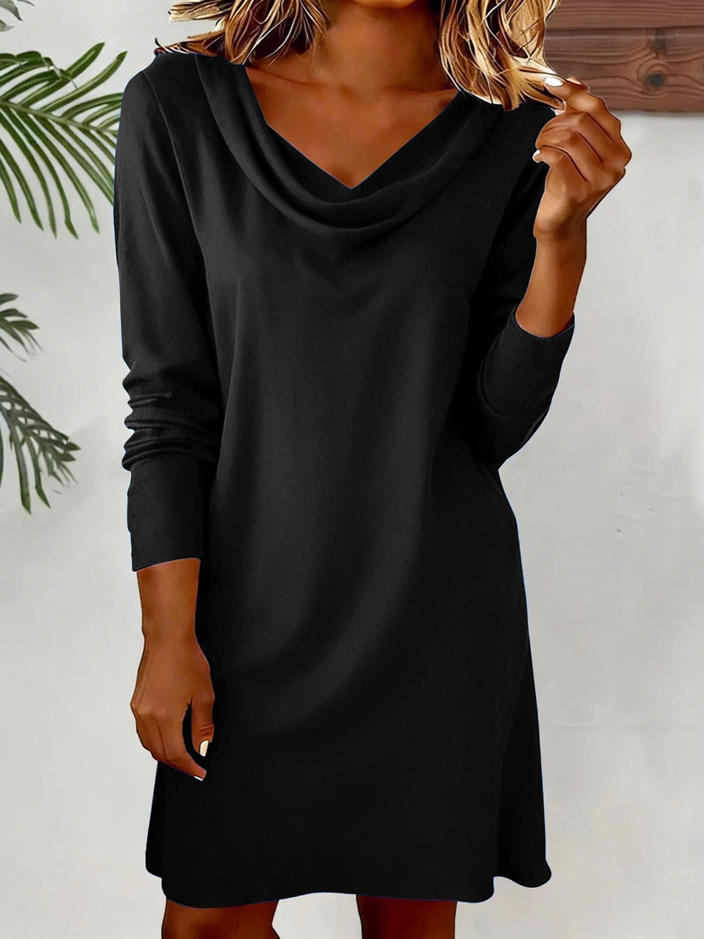 Robe à manches longues pour femme à col de bateau de couleur unie
