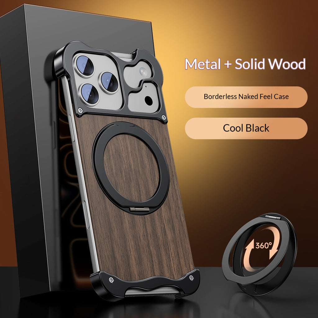 One-piece Shell with Rotating Solid Wood and Metal Magnetic Phone Case