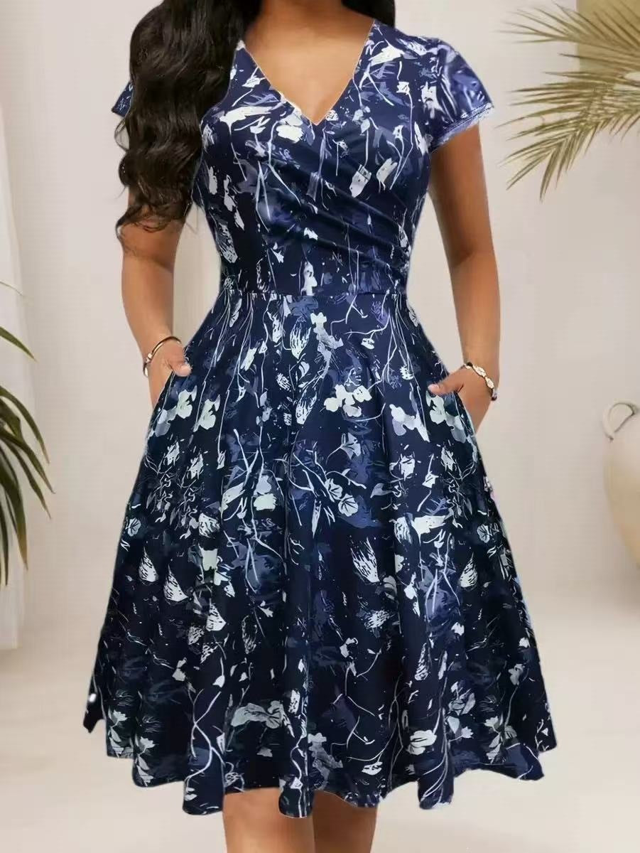 Women's trendy printed long dress with short sleeves