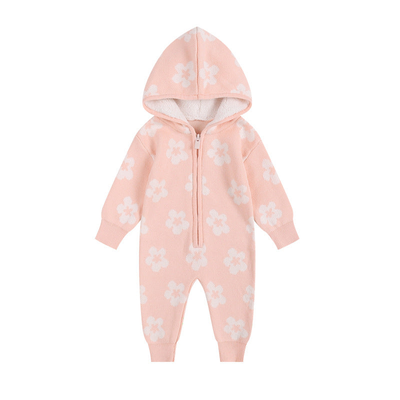 Bébé Épaisseur en tricot Floral Zip-Up à capuche Onesie