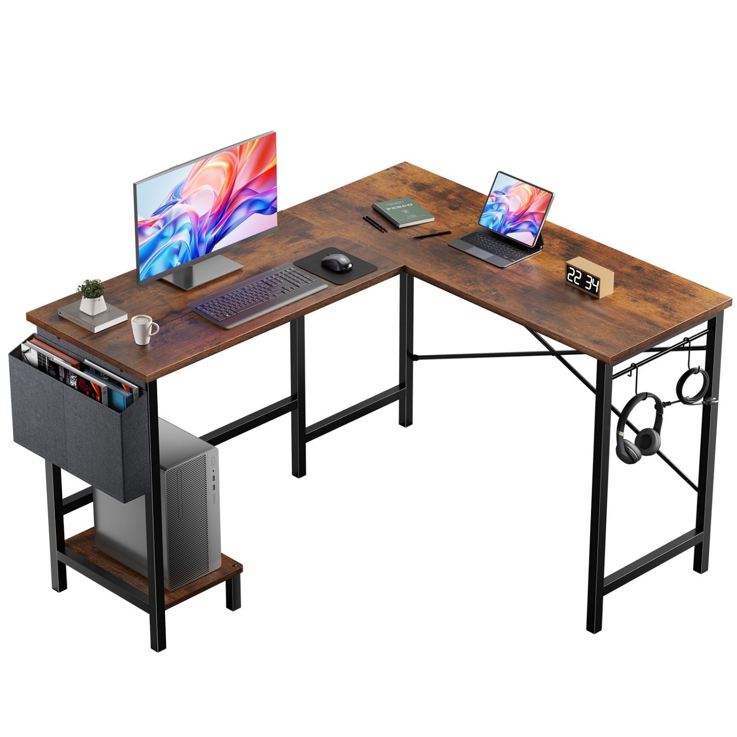 L Bureau d'ordinateur en forme avec sac de rangement et porte CPU