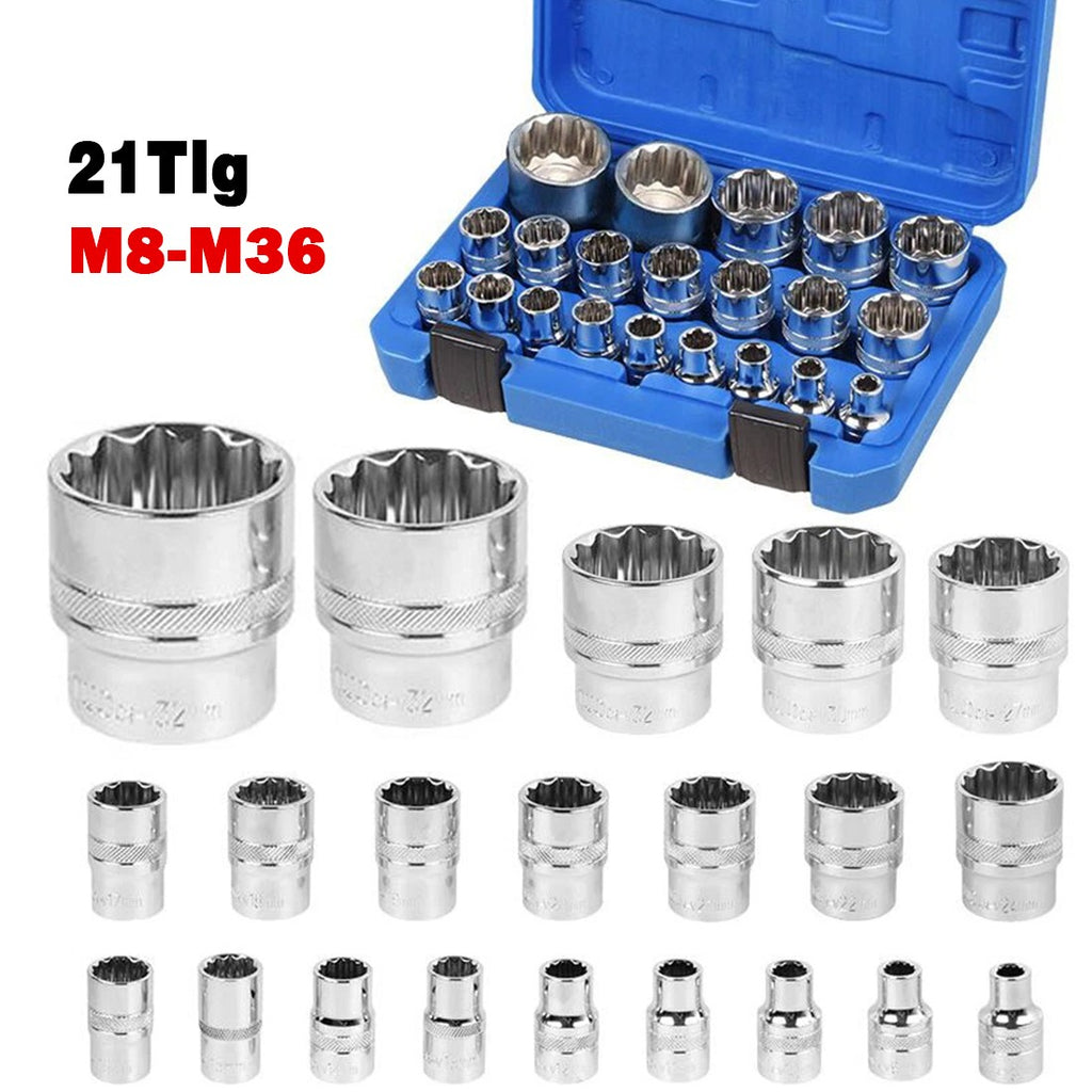 21 Pcs Half Inch Drive Ensemble de chaussettes multi-dents 8 à 36mm 12 point Sockets métriques Spline pour