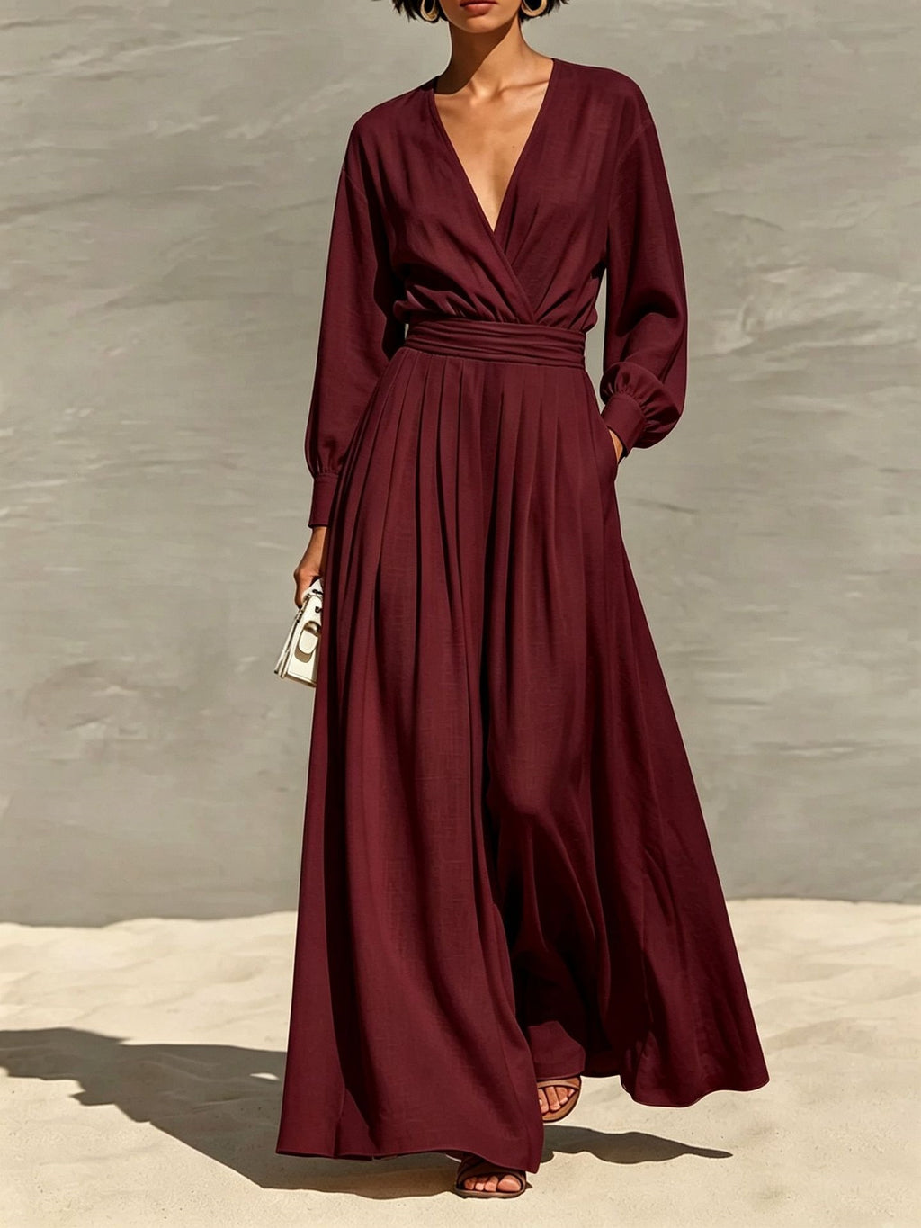 Robe de saut en V coiffée couleur solide pour femmes