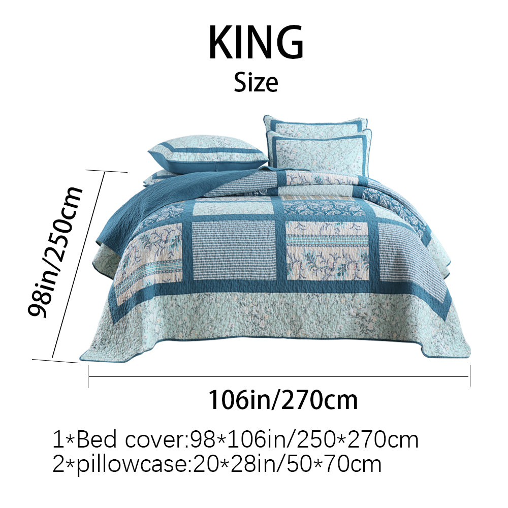 90x98 & 98x106 3 pièces Teal Blue Patchwork Comforter Set Paisley Floral Stripe Print