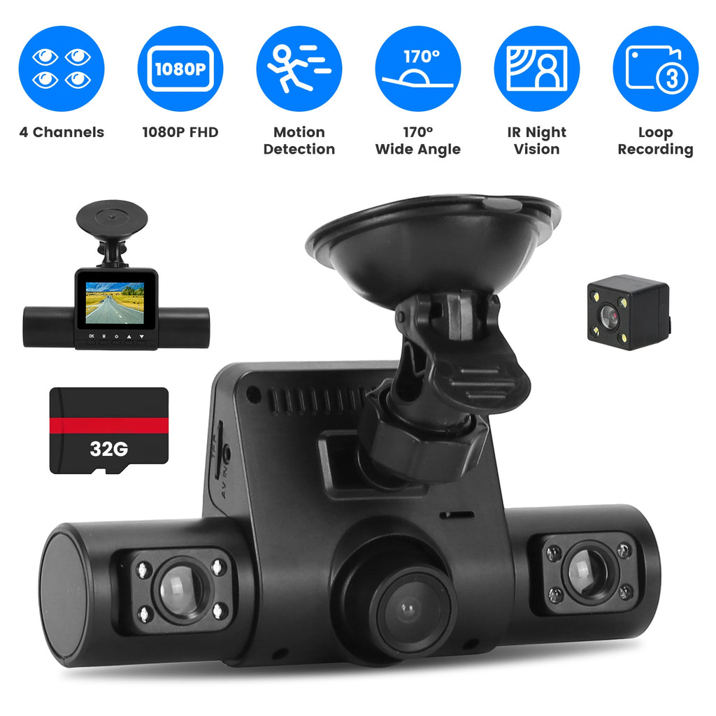 1Pc 360 Degree View FHD 4 Channel Dash Cam 1080P Front 480P Arrière Gauche Droite Intérieure Dash Ca