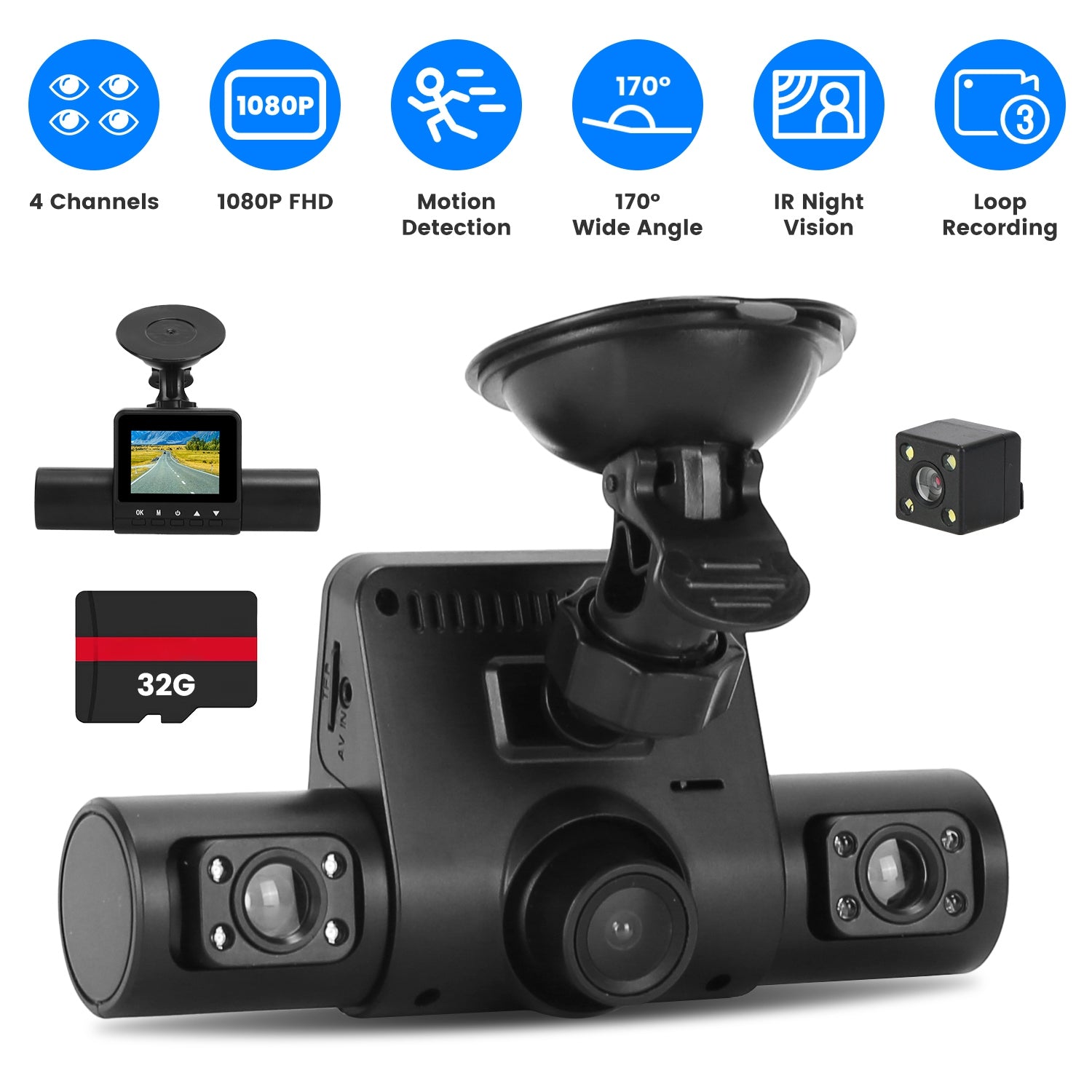 1Pc 360 Degree View FHD 4 Channel Dash Cam 1080P Front 480P Arrière Gauche Droite Intérieure Dash Ca