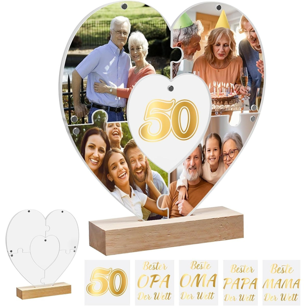 3-Piece Set: Cadre photo magnétique en acrylique en forme de coeur avec support en bois et stickers métal