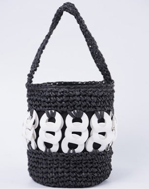 Crochet de main de monnaie de cuivre bouton sac seau Straw Woven Purse