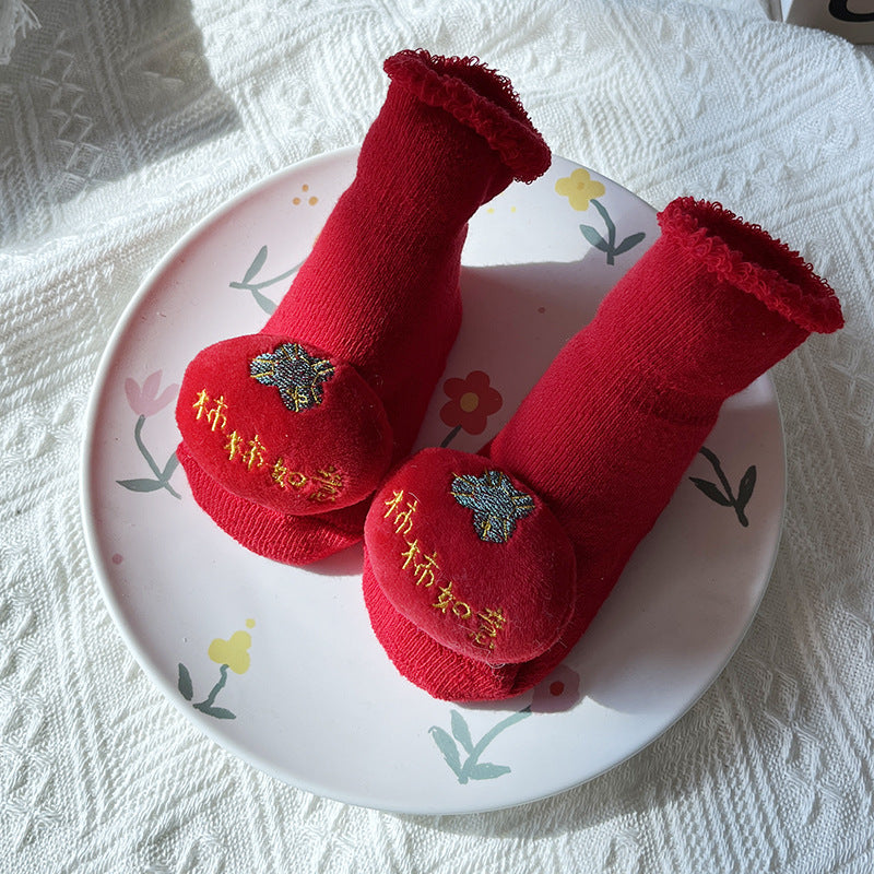 Bébé Hiver Grand Rouge Terry Chaussettes de sol antidérapantes