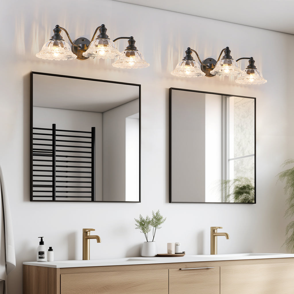 24 pouces 3-Light Vintage salle de bain mur sconce élégant noir métal et verre abat-jour Vanit