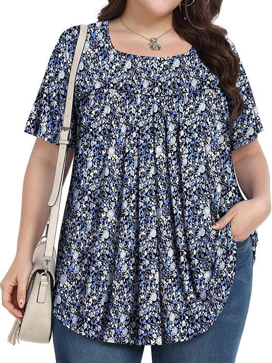 T-shirt casual à col rond à manches courtes avec imprimé floral plus taille