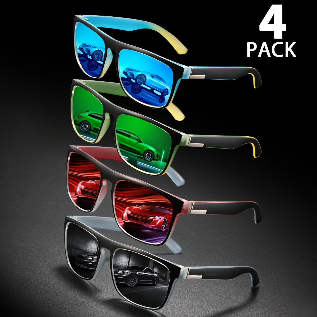 4 Pack Hommes Lunettes de soleil carrées Set Miroir réfléchissant Verre Protection UV400 Lunettes de soleil Ligh