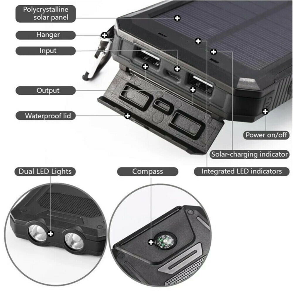 1o000mAh Solar Power Bank Chargeur de batterie 2USB LED étanche pour téléphone cellulaire