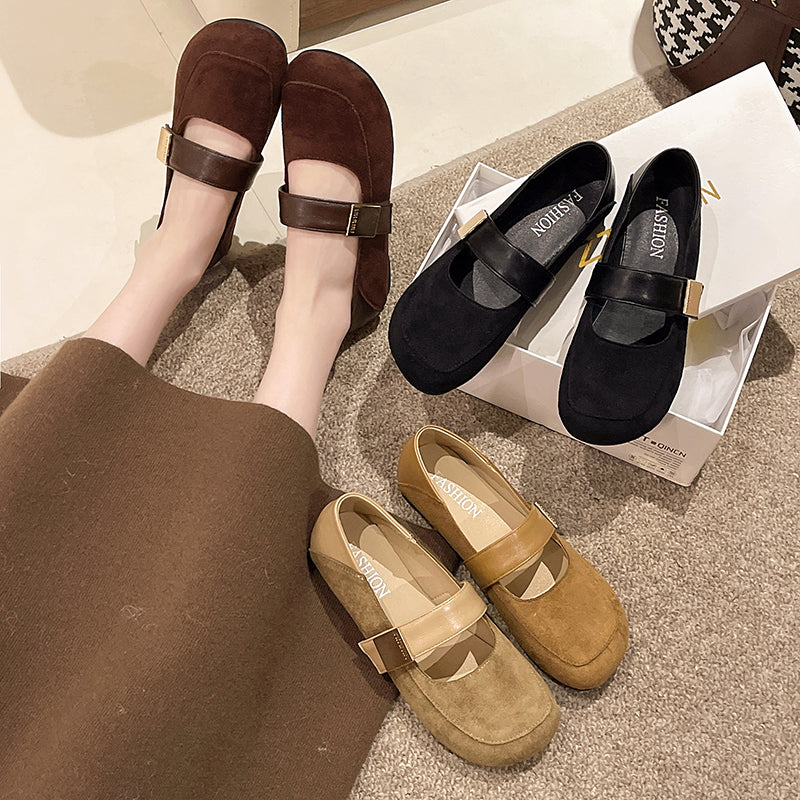Vintage Mary Jane Chaussures Coréen Style Élégant Suede Metal Buckle Rond Toe Slim Soft Sole B