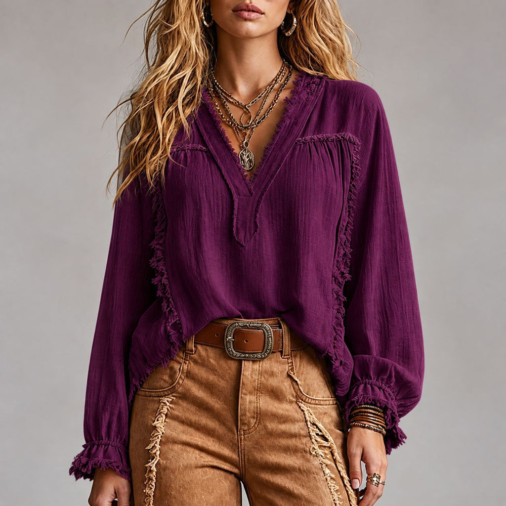 Chemise vintage en couleur solide pour femmes avec manches longues en collier Et des gâteaux