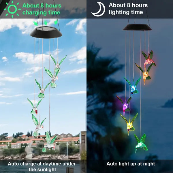 LED Solar Cummingbird Wind Chime Solar String Lights 6 LEDs Color-Changing IP65 Waterproof