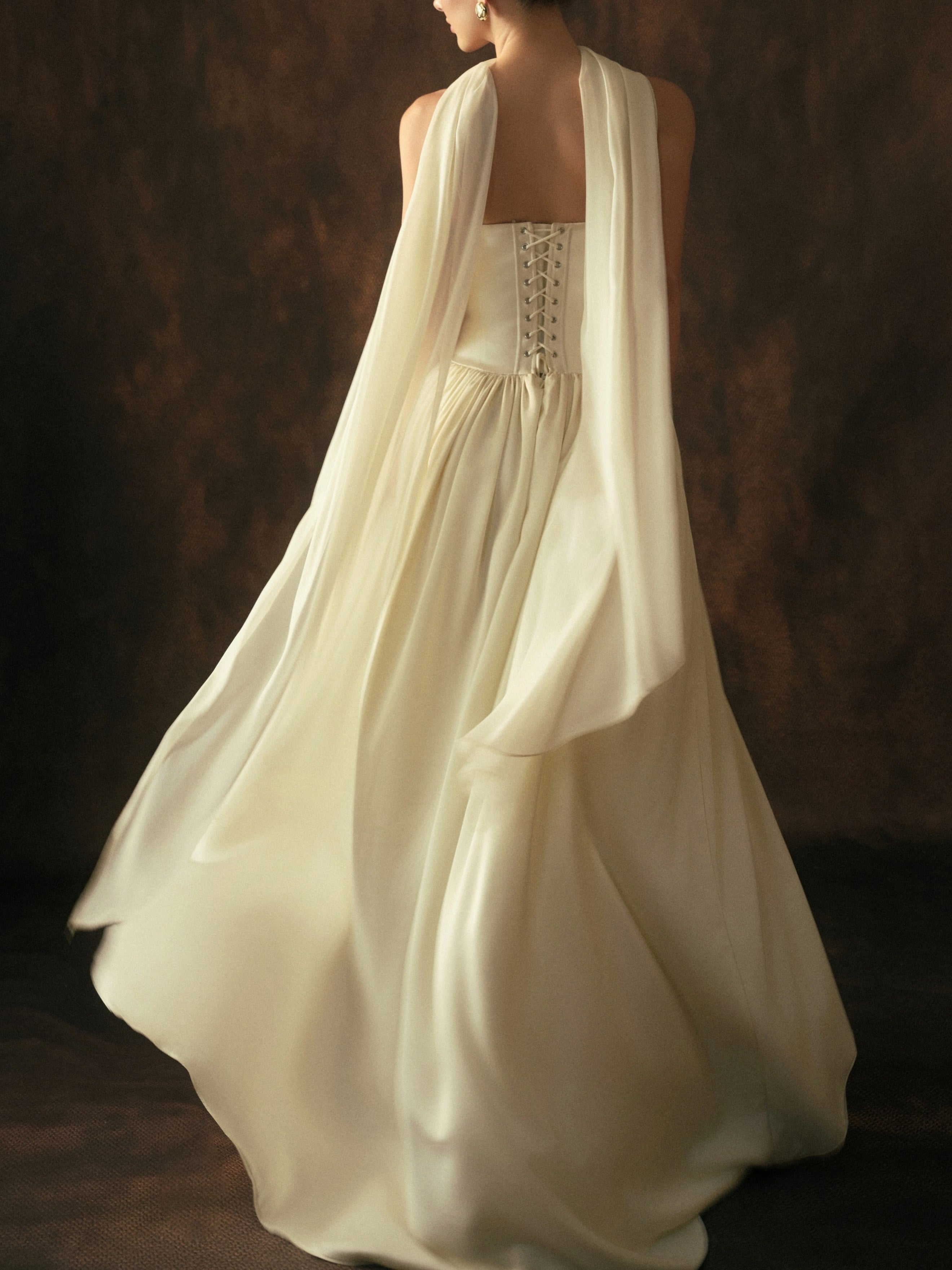 Satin Spaghetti Bracelet mariage soirée Gown avec écharpe