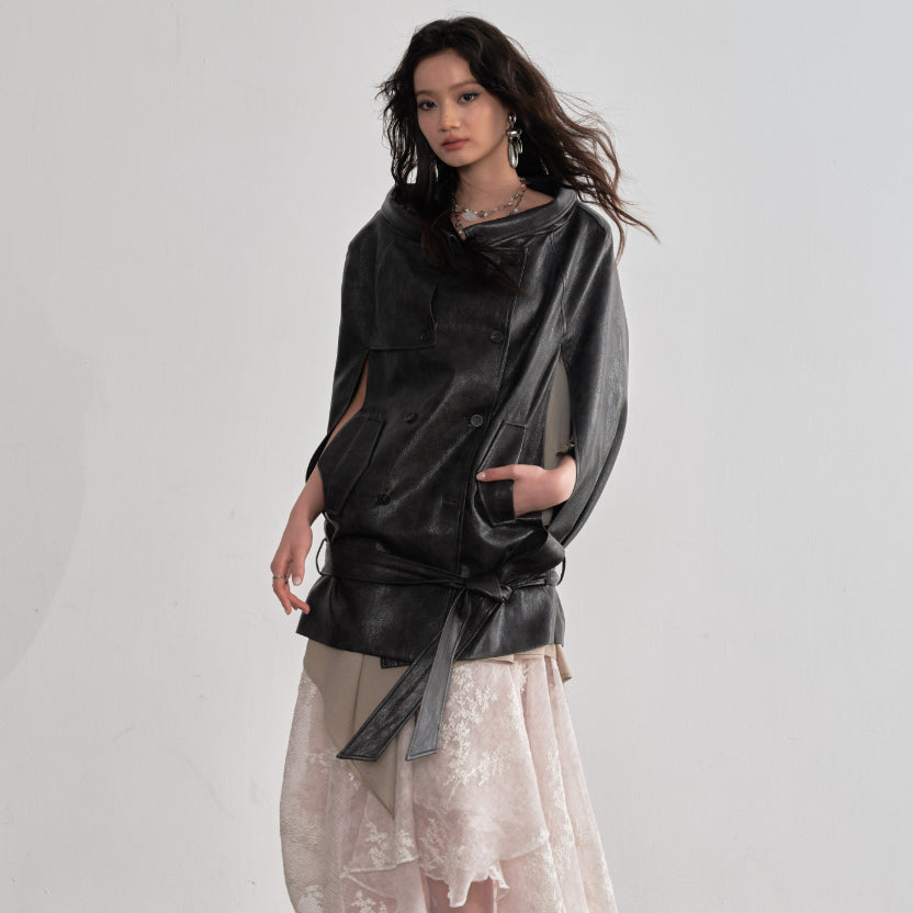 Ebony brun PU en cuir de cape style manteau