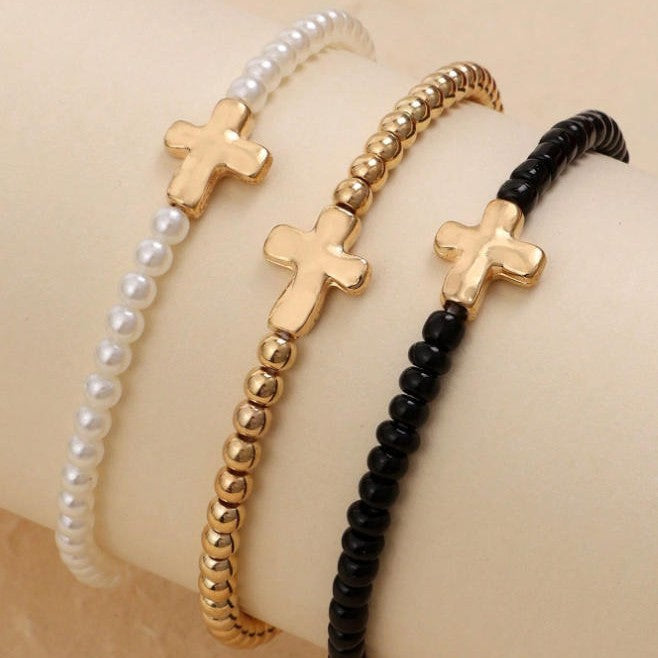 Style de plage Handmade Perle Stretch Cross and Heart Charm Bracelet Set