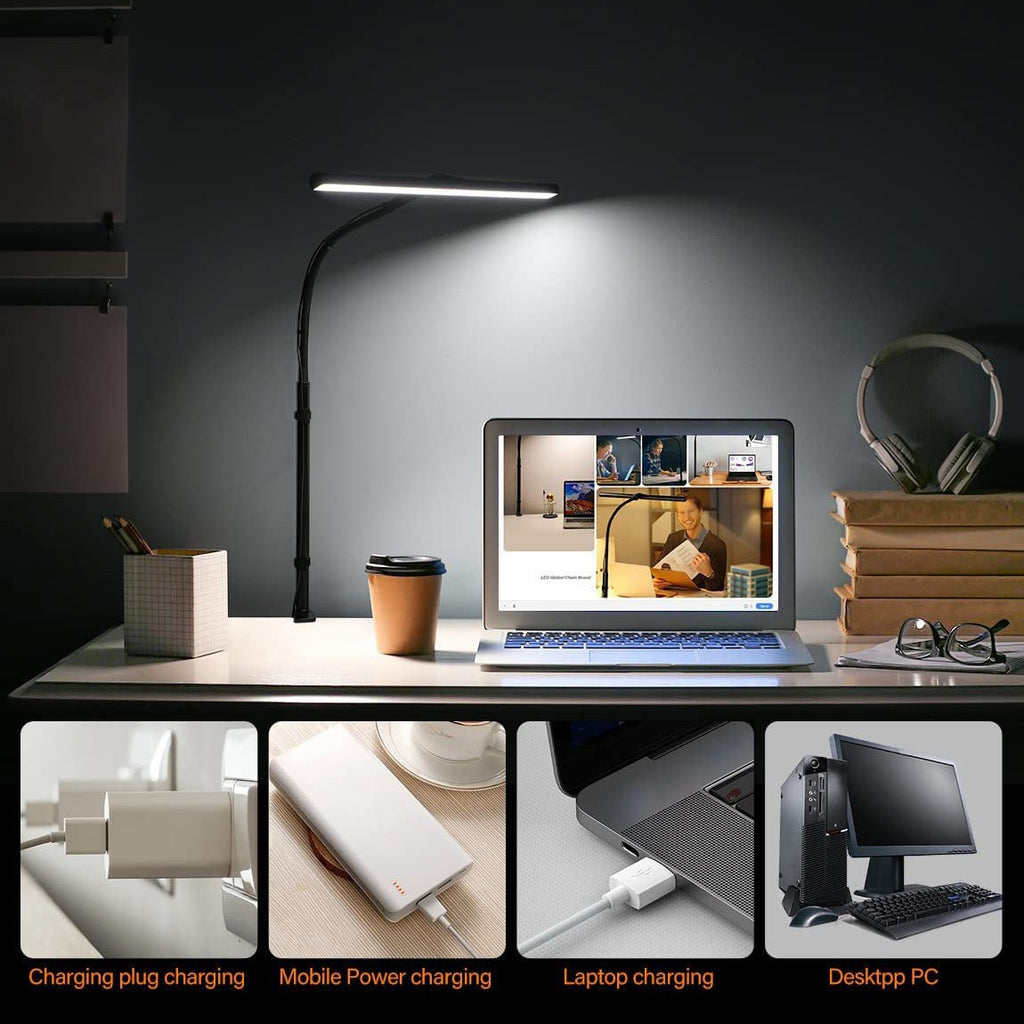 Lampe de table LED avec pince bureau bureau ordinateur USB double tête bureau protection des yeux