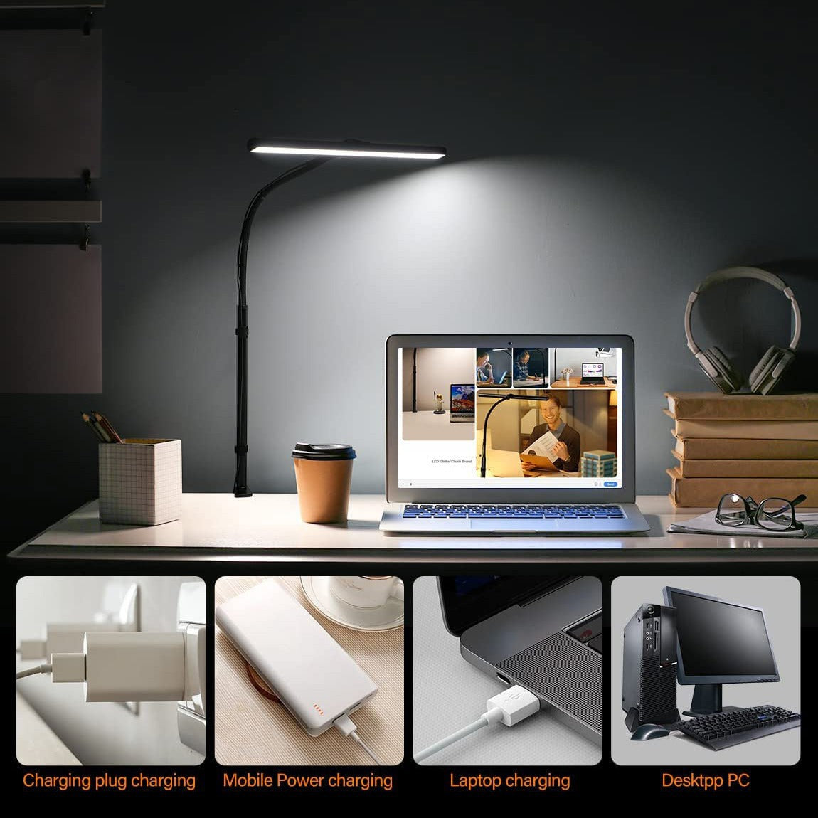 Lampe de table LED avec pince bureau bureau ordinateur USB double tête bureau protection des yeux