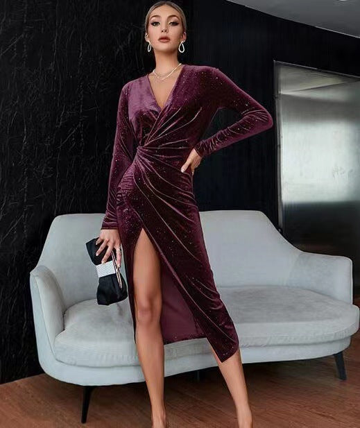 Robe de soirée Sexy Jambes exposées Robe à manches longues Robe de boîte de nuit en velours doré