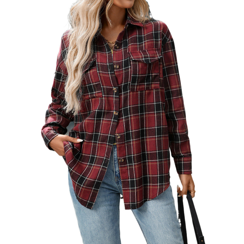 Autumn And Winter European and American Clothing Casual Fashion Loose Plaid Pocket Shirt F