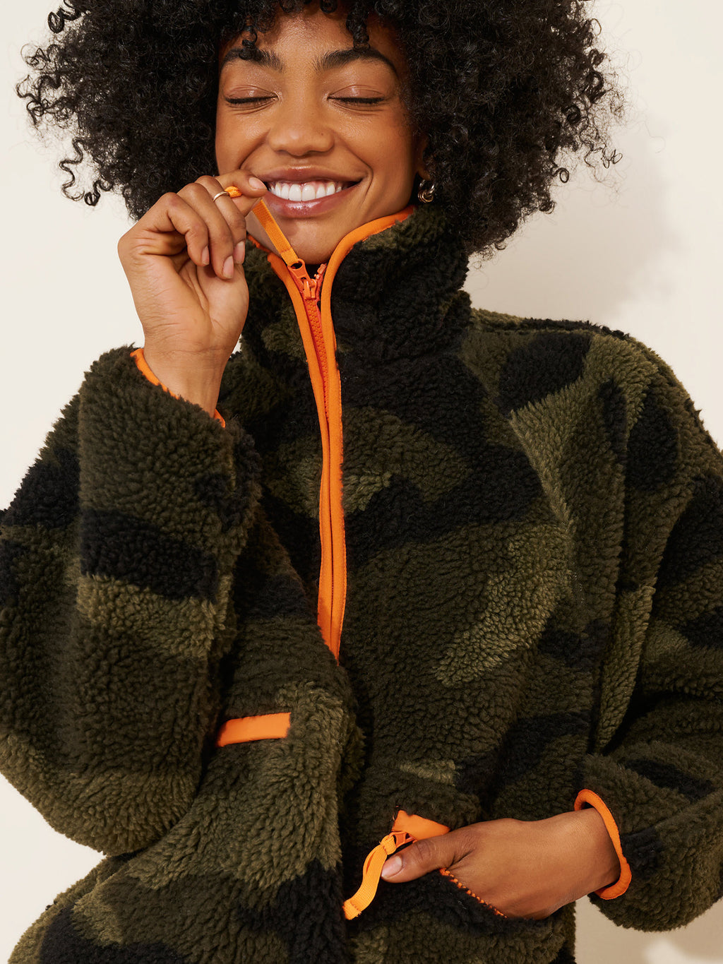 Retro coloré Floral Stand-collar Faux Lambswool Half-zip Jacket