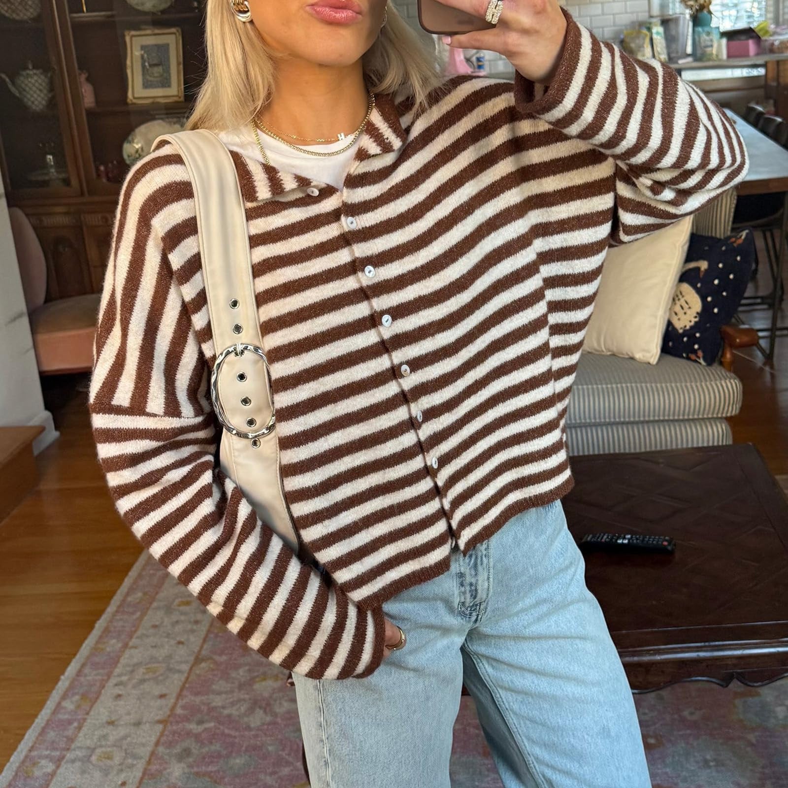 Haut de Cardigan à épaulettes à tête unique, à rayures contrastantes