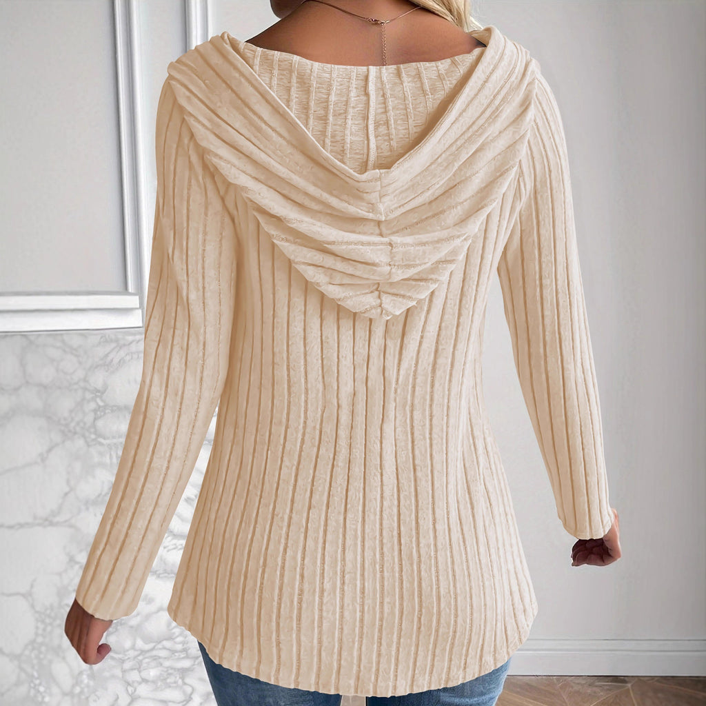 Femmes en tricot côtelé haut à capuche manches longues bouton vers le bas casual chemise Curved Hem Blouse avec S