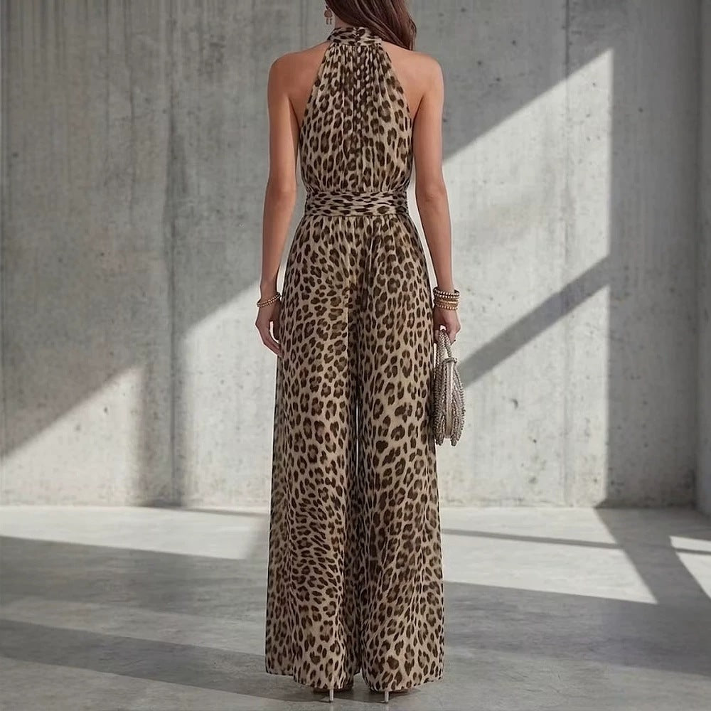 Femmes Casual Leopard-print Coupe longue sans manches col haltère