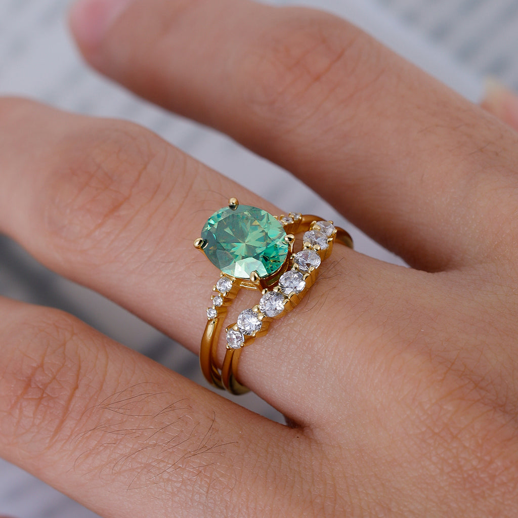 S925 Argent plaqué or 2ct Ovale Moissanite bague de mariage 9x7mm D Couleur VVS1 Courbée