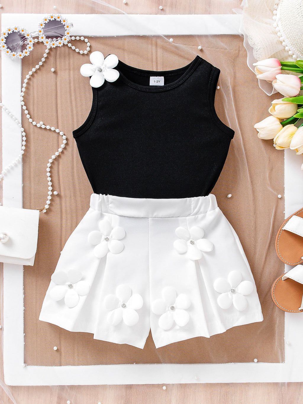 Sleeveless Top 3D Floral Shorts Ensemble de deux pièces