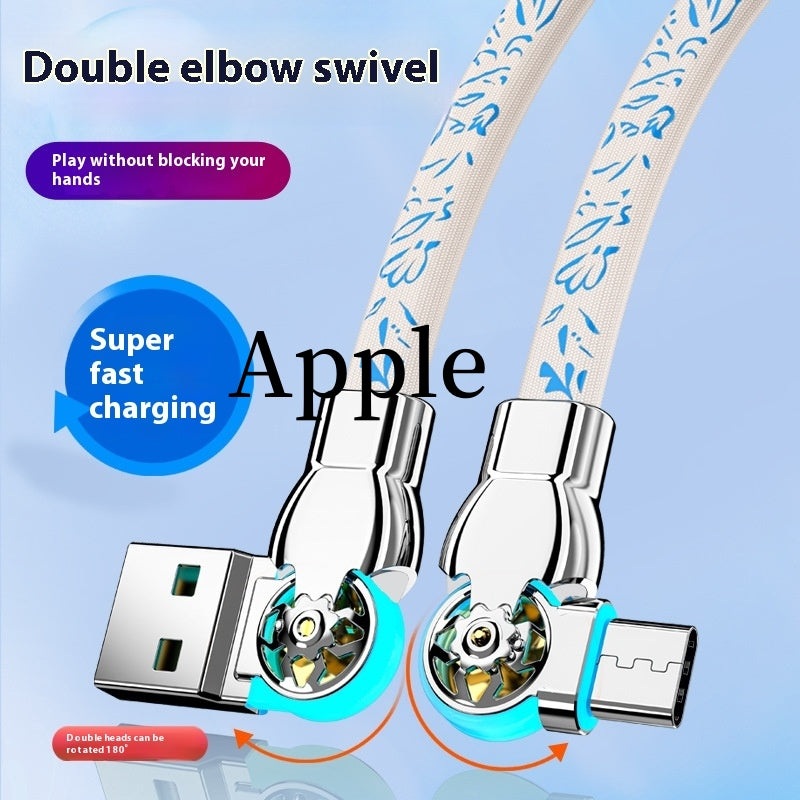 Double câble de données à charge rapide en porcelaine bleue rotative et blanche