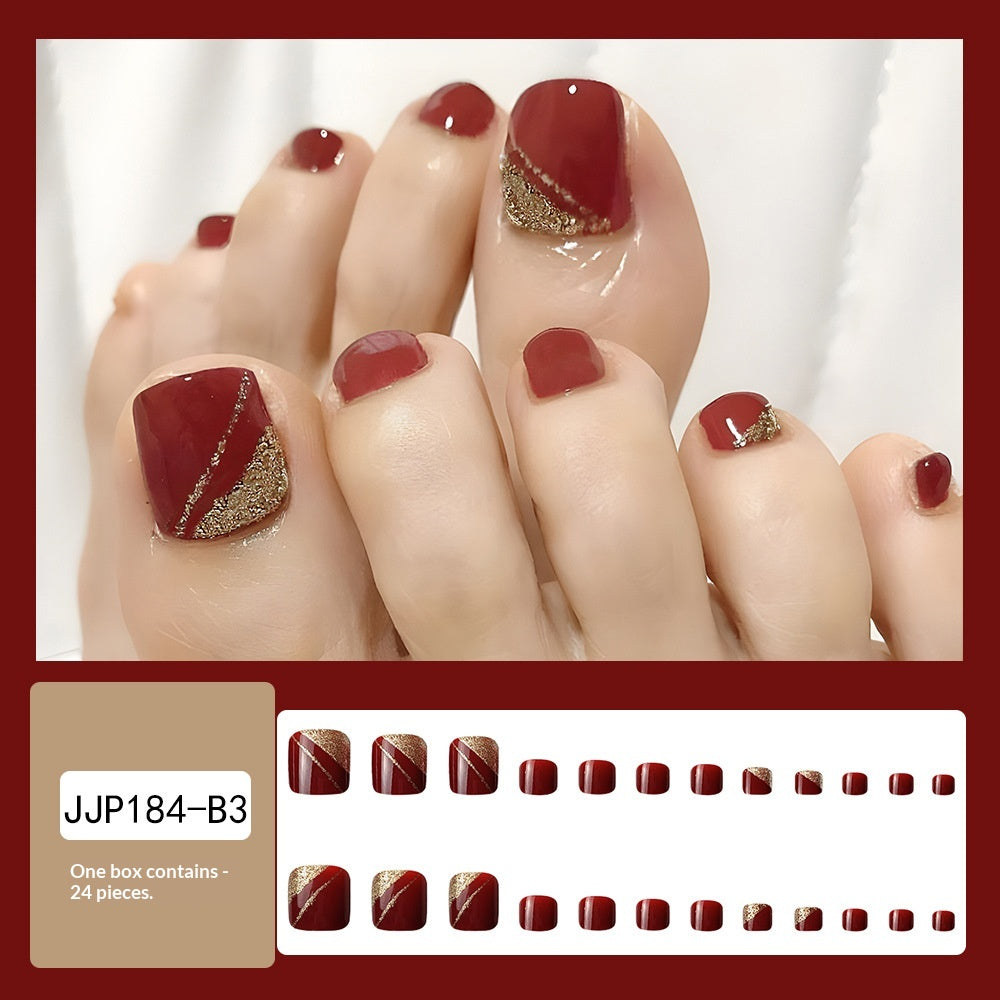 24-pièces Short-style Conseil d'ongle côté Glitter poudre pressée ongles rouge orteil