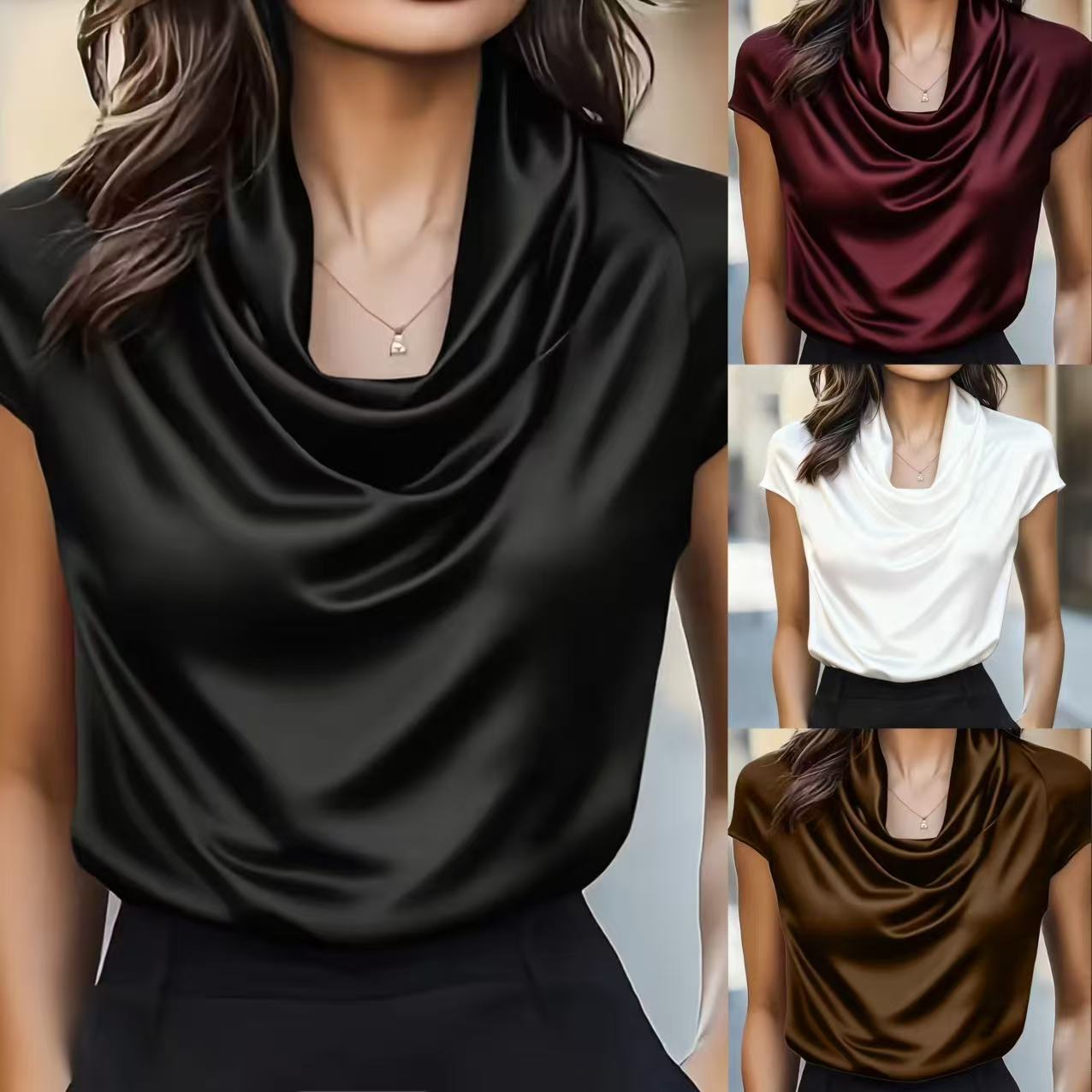 Pendentif pendentif en col pivotant pour femmes Manches courtes Top Chemise polyvalente décontractée